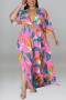 xl-5xl plus size summer new 5 colors stretch leaf printing v-neck split loose stylish maxi dress_Purple_Blue_Pink