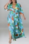 xl-5xl plus size summer new 5 colors stretch leaf printing v-neck split loose stylish maxi dress_Purple_Blue