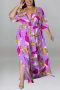 xl-5xl plus size summer new 5 colors stretch leaf printing v-neck split loose stylish maxi dress_Purple