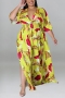 xl-5xl plus size summer new 5 colors stretch leaf printing v-neck split loose stylish maxi dress_Purple_Blue_Pink_Yellow