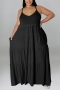 xl-5xl plus size summer new 6 colors stretch sling backless shirring casual maxi dress_Black
