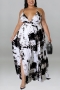 xl-5xl plus size summer new 5 colors inelastic ink & wash printing crossed sling backless split sexy maxi dress_White
