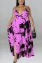 xl-5xl plus size summer new 5 colors inelastic ink & wash printing crossed sling backless split sexy maxi dress_White_Purple
