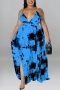 xl-5xl plus size summer new 5 colors inelastic ink & wash printing crossed sling backless split sexy maxi dress_White_Purple_Blue