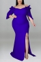 xl-5xl plus size summer new 6 colors stretch ruffle off-the-shoulder split back zip-up elegant maxi dress_Black_Purple_Red_Blue