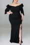 xl-5xl plus size summer new 6 colors stretch ruffle off-the-shoulder split back zip-up elegant maxi dress_Black