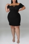xl-5xl plus size summer new 7 colors stretch off-the-shoulder lace-up bodycon sexy mini dress_Black