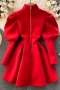 autumn new 4 colors slight stretch solid color back zip-up puff long sleeves stylish mini dress_Black_White_Red