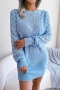 autumn & winter new 3 colors cutout knitted slight stretch stylish mini dress(without belt)_White_Blue