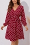 autumn new plus size 2 colors polka dot batch printing slight stretch long sleeve v-neck lace up slit stylish casual midi dress (with belt)_White_Red