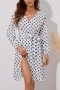 autumn new plus size 2 colors polka dot batch printing slight stretch long sleeve v-neck lace up slit stylish casual midi dress (with belt)_White