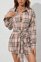 autumn new plus size checked batch printing inelastic long sleeve turndown collar single breasted lace up stylish casual mini dress_Blue_Khaki 