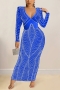 spring & summer new plus size 4 colors rhinestone decor slight stretch shoulder padded mesh patchwork v-neck zip-up bodycon stylish sexy maxi dress_Black_Red_Beige_Blue