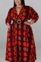 xl-5xl plus size autumn new 5 colors inelastic geometric printing single-breasted loose casual maxi dress(with belt)_Black_Red