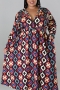 xl-5xl plus size autumn new 5 colors inelastic geometric printing single-breasted loose casual maxi dress(with belt)_Black_Red_Blue_Brown_Multicolor