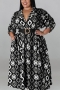 xl-5xl plus size autumn new 5 colors inelastic geometric printing single-breasted loose casual maxi dress(with belt)_Black