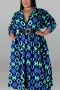 xl-5xl plus size autumn new 5 colors inelastic geometric printing single-breasted loose casual maxi dress(with belt)_Black_Red_Blue