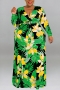 xl-5xl plus size autumn new 6 colors stretch flower & leaf printing v-neck with belt loose casual maxi dress_Black