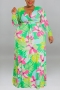 xl-5xl plus size autumn new 6 colors stretch flower & leaf printing v-neck with belt loose casual maxi dress_Black_Red_Rose Red_Blue_Yellow_Green