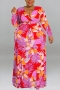 xl-5xl plus size autumn new 6 colors stretch flower & leaf printing v-neck with belt loose casual maxi dress_Black_Red