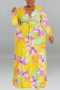 xl-5xl plus size autumn new 6 colors stretch flower & leaf printing v-neck with belt loose casual maxi dress_Black_Red_Rose Red_Blue_Yellow