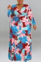 xl-5xl plus size autumn new 6 colors stretch flower & leaf printing v-neck with belt loose casual maxi dress_Black_Red_Rose Red