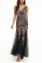 s-4xl plus size new stylish 4 colors zip-up sequins backless slight stretch mesh patchwork high quality elegant maxi evening dress(with lined)_Black_Dark Green