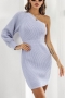 autumn & winter new 5 colors pure color slight stretch one shoulder stylish sexy bodycon knitted sweater mini dress(new added colors)_White_Purple