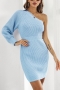 autumn & winter new 5 colors pure color slight stretch one shoulder stylish sexy bodycon knitted sweater mini dress(new added colors)_White_Purple_Sky Blue