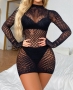 early autumn new stylish solid color mesh see-through hollow backless high stretch sexy mini dress(no underwear)_Black