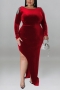 xl-5xl plus size autumn new 5 colors stretch velvet rhinestone tassel chain backless zip-up split sexy maxi dress_Black_Dark Green_Red