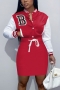 autumn new stylish 5 colors plus size slight stretch embroidered letter contrast color pocket single breasted casual mini dress_Black_Red