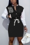 autumn new stylish 5 colors plus size slight stretch embroidered letter contrast color pocket single breasted casual mini dress_Black