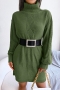 winter new 3 colors twist knitted slight stretch turtleneck stylish casual sweater mini dress(without belt)_White_Dark Green