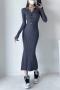 autumn new 4 colors ribbed knit stretch turndown collar button stylish casual high quality midi dress_Black_Khaki _Dark Gray