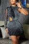 early autumn new stylish 4 colors plus size rhinestone mesh patchwork see-through slight stretch hollow backless sexy mini dress_Black