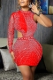 early autumn new stylish 4 colors plus size rhinestone mesh patchwork see-through slight stretch hollow backless sexy mini dress_Black_White_Red