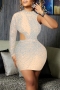 early autumn new stylish 4 colors plus size rhinestone mesh patchwork see-through slight stretch hollow backless sexy mini dress_Black_White_Red_Beige