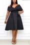 s-3xl summer new plus size 3 colors slight stretch v-neck lace up zip-up swing stylish classic midi dress (with belt)_Black