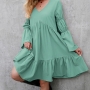 autumn new stylish solid color 5 colors plus size non-stretch loose pleated puff sleeves casual midi dress_Black_Dark Green_Blue