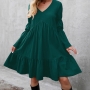 autumn new stylish solid color 5 colors plus size non-stretch loose pleated puff sleeves casual midi dress_Black_Dark Green