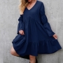 autumn new stylish solid color 5 colors plus size non-stretch loose pleated puff sleeves casual midi dress_Black_Dark Green_Blue_Dark Blue