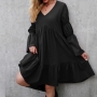 autumn new stylish solid color 5 colors plus size non-stretch loose pleated puff sleeves casual midi dress_Black