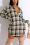 autumn new stylish 4 colors plaid batch printing single breasted irregular non-stretch casual mini dress_Rose Red_Brown_Yellow_Green