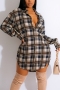 autumn new stylish 4 colors plaid batch printing single breasted irregular non-stretch casual mini dress_Rose Red_Brown