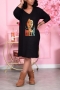 autumn new stylish 5 colors plus size slight stretch letter printing loose casual midi dress_Black