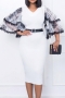 s-3xl plus size summer new 3 colors chiffon lace patchwork slight stretch trumpet sleeve v-neck nipped waist zip-up slit bodycon stylish classic midi dress (with belt)_Black_White