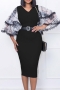 s-3xl plus size summer new 3 colors chiffon lace patchwork slight stretch trumpet sleeve v-neck nipped waist zip-up slit bodycon stylish classic midi dress (with belt)_Black