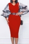s-3xl plus size summer new 3 colors chiffon lace patchwork slight stretch trumpet sleeve v-neck nipped waist zip-up slit bodycon stylish classic midi dress (with belt)_Black_White_Red