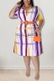 xl-5xl plus size summer new 5 colors inelastic plaid printing pocket single-breasted with belt casual midi dress_Black_Purple